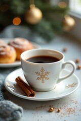 White porcelain coffee cup, snowflake pattern, sits atop saucer with cinnamon buns , hot beverage, dessert