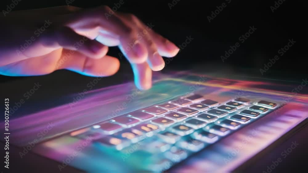 Poster colorful light trails illuminating keyboard surface, fingers moving swiftly across keys in synchroni