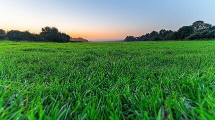Serene Sunrise Meadow Lush Green Grass Misty Horizon Peaceful Landscape