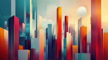 Obraz premium Abstract Cityscape Painting with Vibrant Colors and Geometric Forms Artwork
