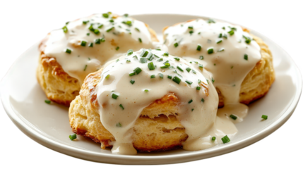 three fluffy biscuits topped with a creamy white sauce. garnished with chopped chives. served on a round plate this dish is typically enjoyed as a comforting breakfast or brunch item. highlighting a r