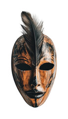 Intricately crafted wooden mask featuring a feather, showcasing cultural artistry from indigenous traditions, cut out