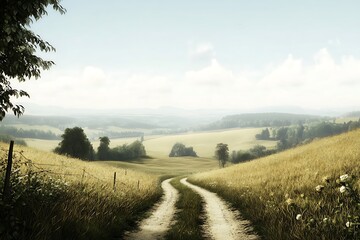 Serene Countryside Road Rolling Hills, Golden Fields, and a Peaceful Journey