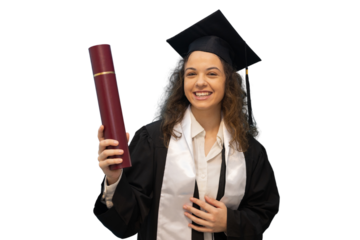 Happy graduate showing her diploma with transparent background