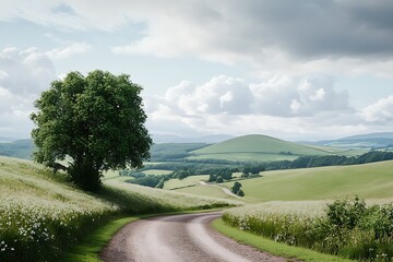 Serene Countryside Landscape Rolling Hills, Winding Road, and Solitary Tree