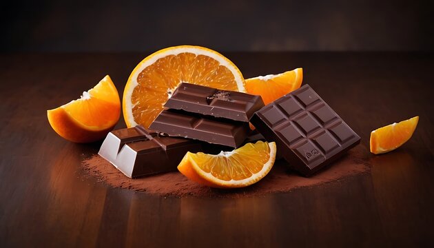 Chocolate, orange and nuts on black background,low angle shot of various of chocolate in middle of the air, sparkle reflexed , on black to orange gradient background,12