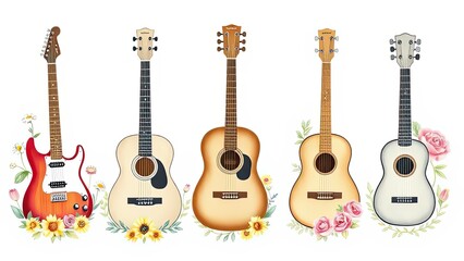 Obraz premium Acoustic Electric Guitars with Flowers Musical Instruments Summer Vibes