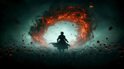Fiery Vortex  Warrior  Floating Lanterns  Epic Fantasy Art