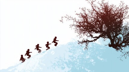 Joyful Kids Sledding Down Snowy Hill Winter Wonderland Scene