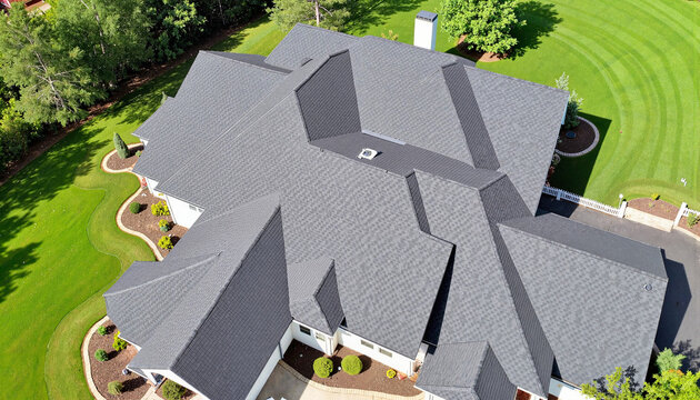 Modern roofing design showcased in aerial view, construction excellence