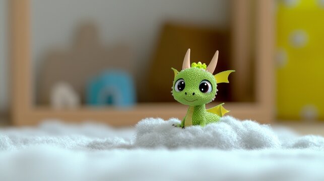 Adorable Baby Dragon on Cloud  Fantasy  Cute  3D Render  Whimsical  Childlike  Green Drago