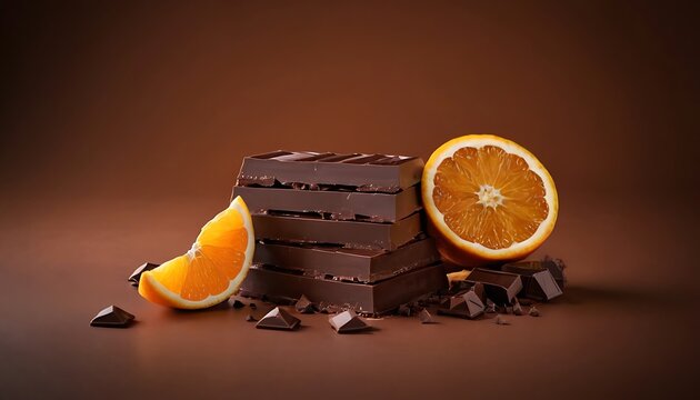Chocolate, orange and nuts on black background,low angle shot of various of chocolate in middle of the air, sparkle reflexed , on black to orange gradient background,45