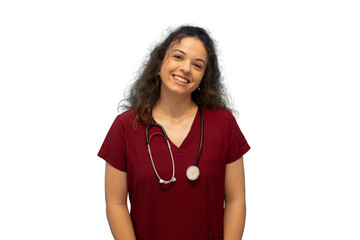 Young smiling doctor or nurse wearing stethoscope with transparent background
