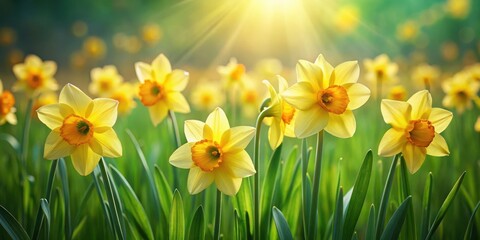 Fototapeta premium Golden daffodils blooming in a lush green field with gentle breeze rustling their petals , daffodil, flowers