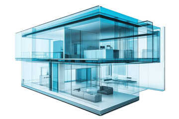 Detailed Architectural Model Of A Modern Cyan Glass House With Interior And Transparent Background