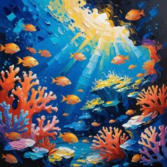 A vibrant coral reef mural with realistic coral texture details
