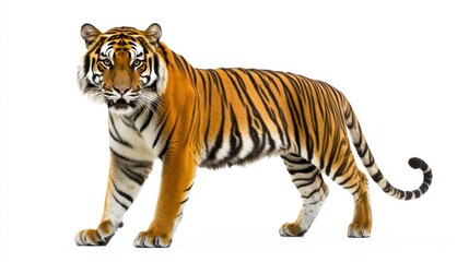 Bengal tiger standing on white background with intense gaze