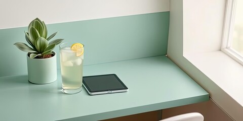 Refreshing Drink Tablet Plant on Mint Table