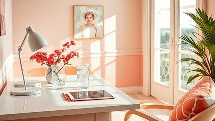 Sunny Home Office Desk Setup Flowers Tablet Glass of Water