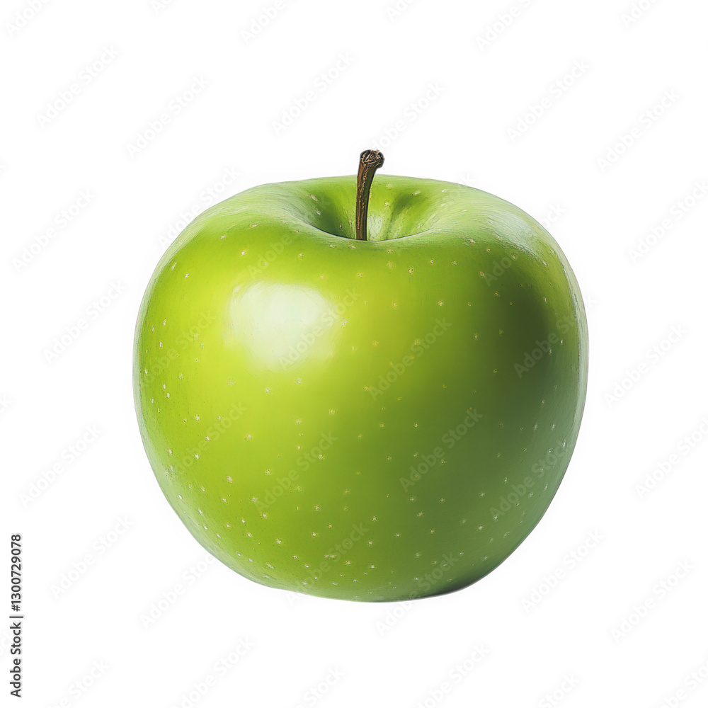 Poster single. shiny green apple positioned against a light background. emphasizing its smooth texture and 