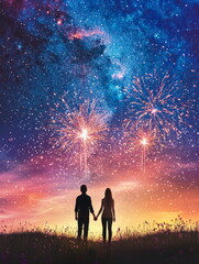 A couple holding hands while watching fireworks light up the Valentineâ€™s night sky