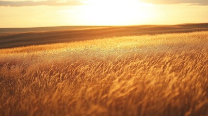 Obraz premium Golden wheat field at sunset with warm glowing light and open horizon