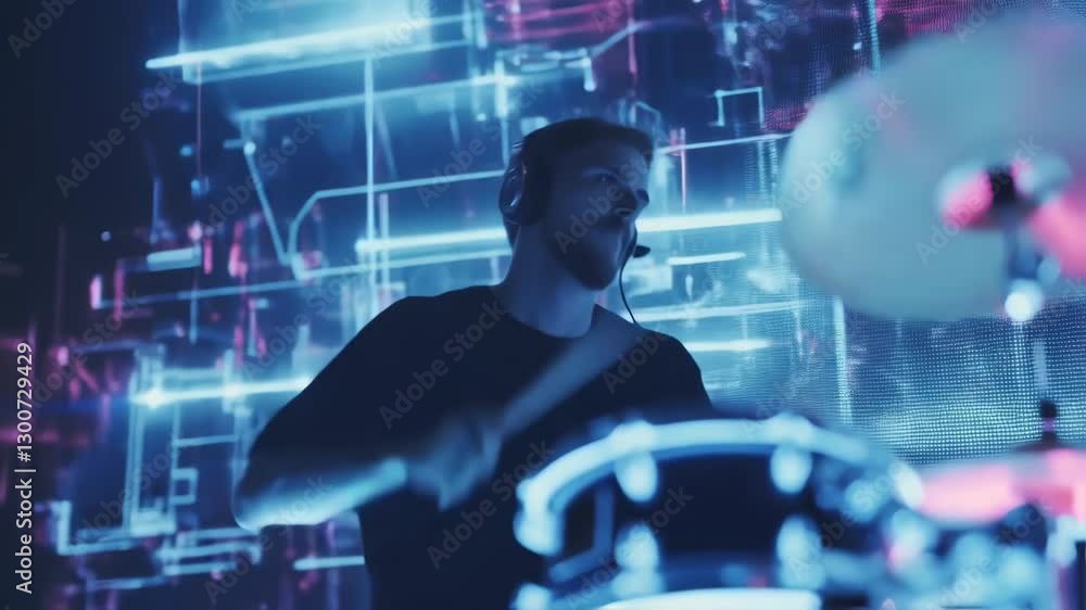 Poster energetic drummer performing on stage with a vibrant, digital backdrop featuring glowing neon lights