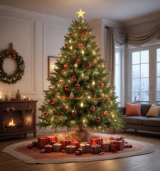 Decorated Christmas tree in a cozy living room background ,  mantel,  christmas
