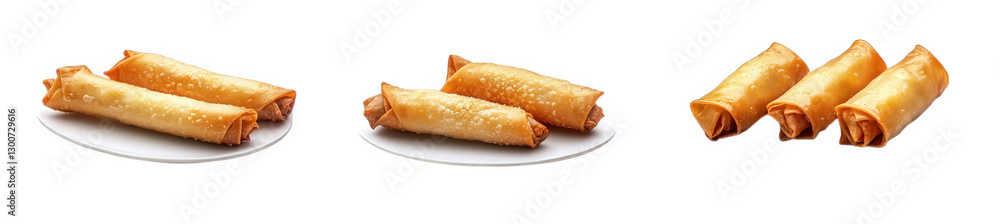 Aufkleber three groups of crispy. golden-brown spring rolls arranged on white plates the rolls are neatly pres