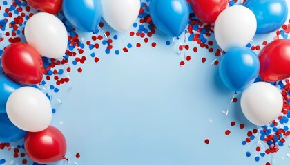 A festive arrangement of red, white, and blue balloons surrounded by colorful confetti on a soft blue background signals a celebration, perfect for events like Independence Day.