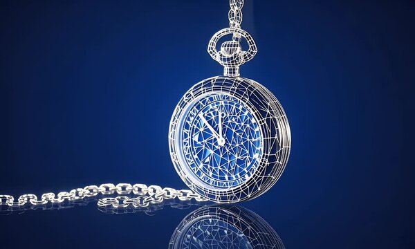 3D Pocket Watch, Wireframe, Blue Background