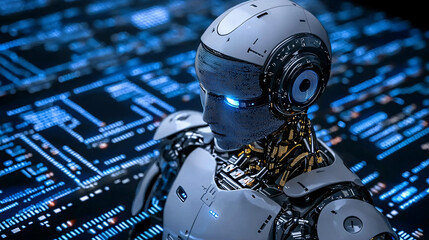 financial wealth regulation. Futuristic robot with glowing circuits and digital interface background