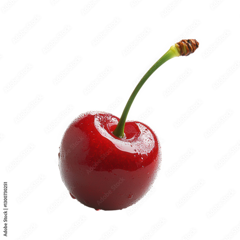 Poster a single. glossy red cherry with a green stem. showcasing its vibrant color and fresh appearance the