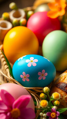 Fototapeta premium Easter Celebration Display: Woven Basket Filled with Vibrantly Decorated Easter Eggs, Each One a Unique Masterpiece of Color and Design, Embodying Holiday Joy. Vertical Photography 