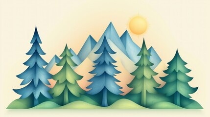 Obraz premium Majestic Mountain Landscape Sunlit Peaks Evergreen Forest Nature Illustration