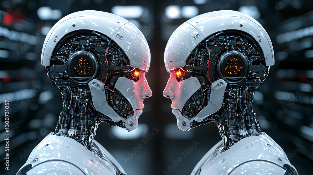 Poster financial wealth regulation. robots with glowing eyes facing each other in a high-tech setting