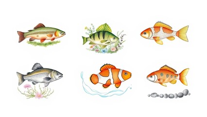Naklejka premium Colorful Fish Illustrations Aquatic Life Marine Animals Underwater World