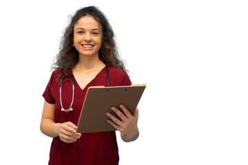Obraz premium Smiling doctor holding clipboard on transparent background