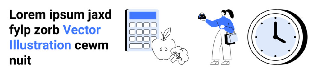 Calculator, fruit, woman holding cupcake and planner, and clock emphasize balance of time and dietary choices. Ideal for wellness tips, time management, nutrition plans, education, productivity