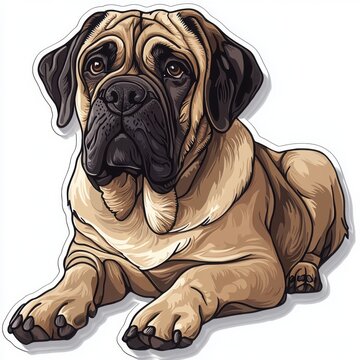 A majestic Bullmastiff dog, lying down, showcasing its powerful build and soulful gaze.  The detailed illustration captures the breed's unique characteristics in warm, earthy tones.