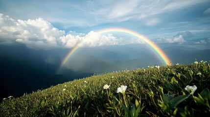 Naklejka premium Majestic Rainbow Over Mountain Meadow White Flowers Sky Nature