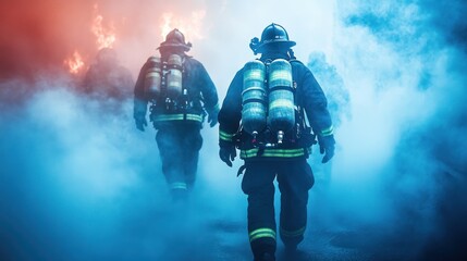 Two firefighters walking into smoky fire scene.