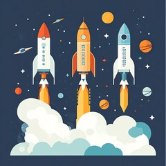 Obraz premium Three colorful rockets soaring through space, surrounded by planets and stars, symbolizing exploration and adventure.