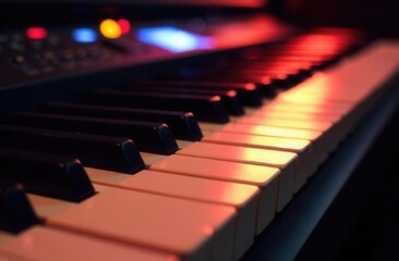 Close-up of piano keys with ambient lighting highlighting musical instrument details