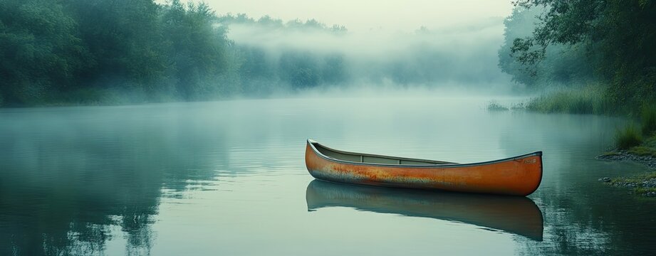Alone canoe rests on a still foggy lake, A tranquil riverside view with pastel canoe, Serene misty lake with a lonely canoe , tranquil serene misty lake in soft morning glow, empty wooden canoe