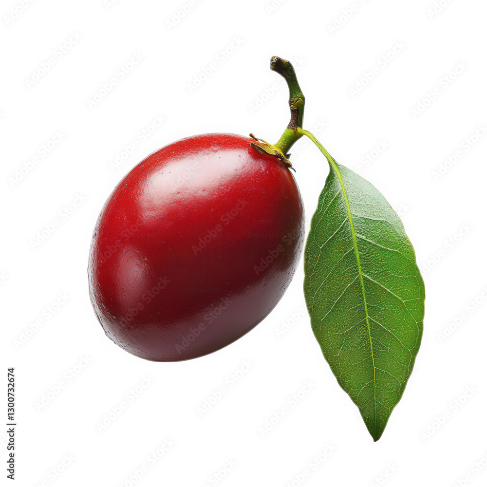 Poster single red fruit resembling a plum. with a smooth surface and a green leaf attached to its stem the 