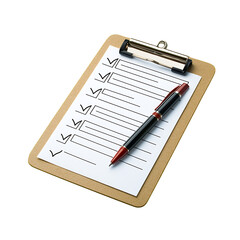A single, contemporary object checklist clipboard with pen isolated transparent, png

