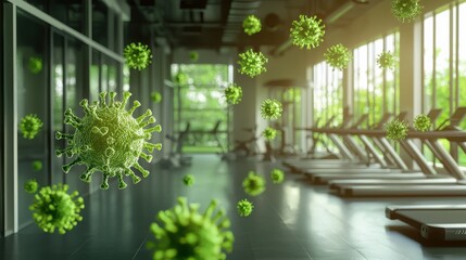 A modern gym interior with numerous virus particles floating in the air, suggesting a health concern and the need for sanitation.