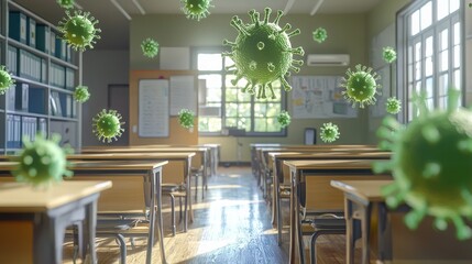 Empty classroom desks with virus particles floating in the air.  A visual representation of school closures during a pandemic.