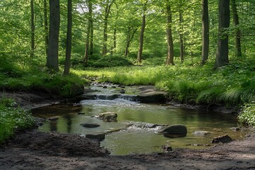 Serene Stream Flowing Through Lush Green Forest